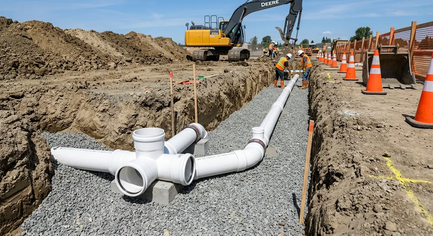 New PVC sewer pipe installation in open trench for Commercial Drain Cleaning in Swissvale