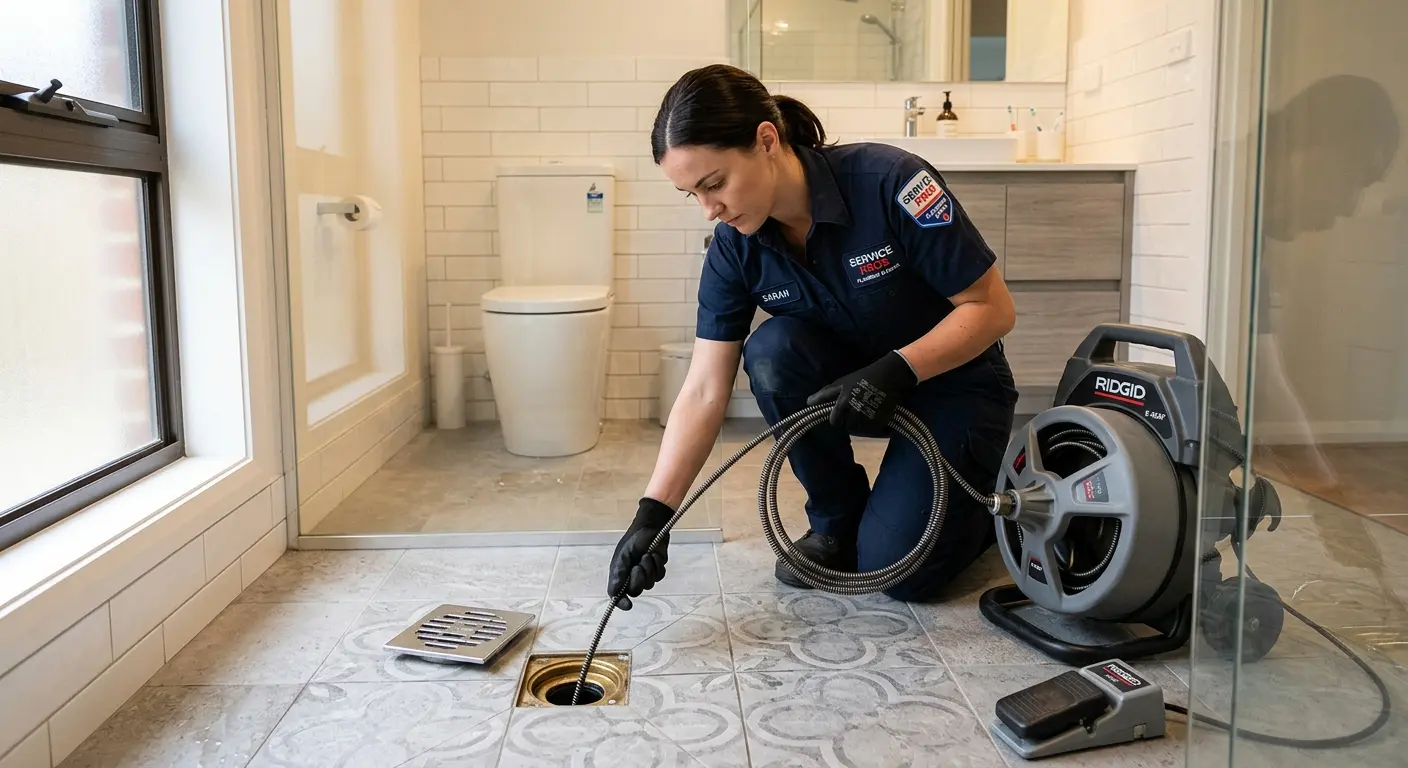 Technician clearing a bathroom floor drain for Drain Repair in Swissvale